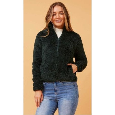 warm ladies fleece jacket with pockets and zip forest green