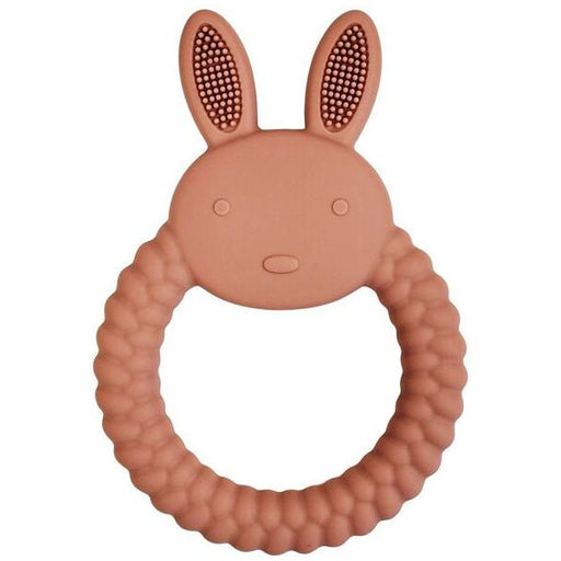 Bunny teether in pink, made from silicone