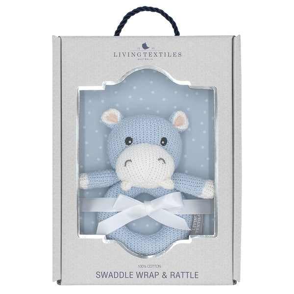 hippo baby swaddle wrap and rattle set