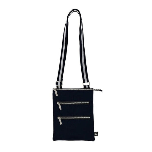 Black crossbody bag with silver zippers  