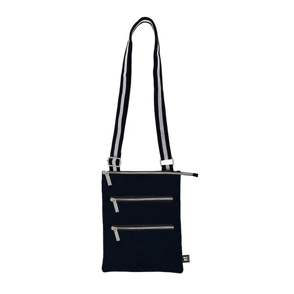 Black crossbody bag with silver zippers  