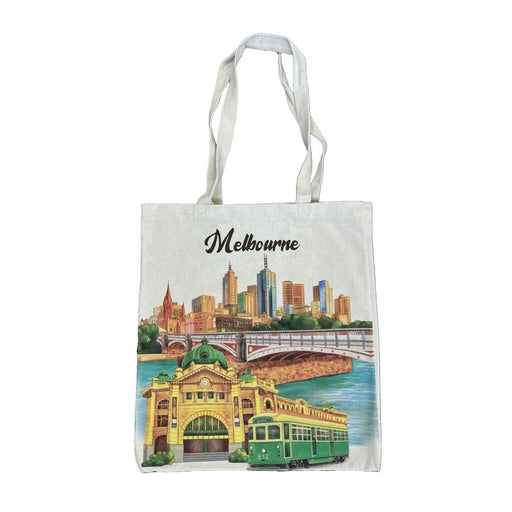 Tote bag with Melbourne tram and skyline and iconic building design on a white background