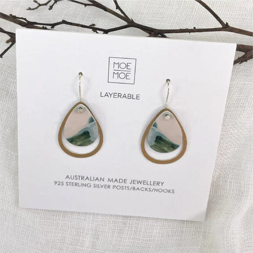 Teardrop-shaped earrings on a Moe Moe branded card australian made