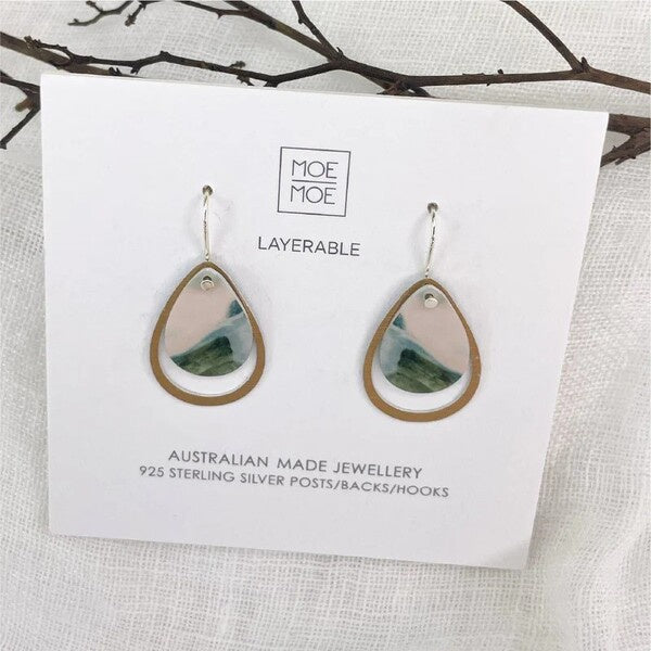 Teardrop-shaped earrings on a Moe Moe branded card australian made