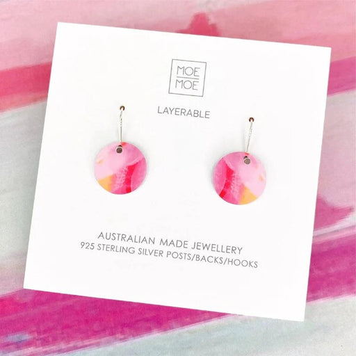 Pink and gold earrings on a Moe Moe branded card australian made
