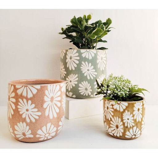 three flower patterned planter pots in different colours