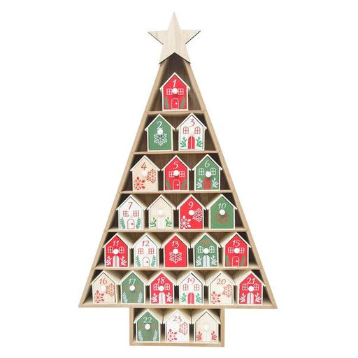 Wooden advent calendar shaped like a Christmas tree with houses on each day