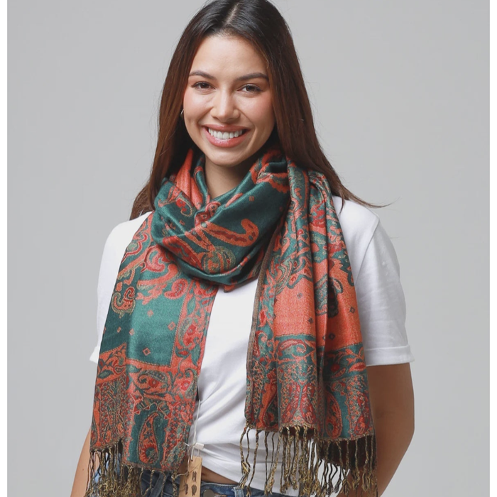 Diella Paisley Scarf Deep Green & Orange