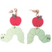 Pair of earrings with red apple and green caterpillar design 