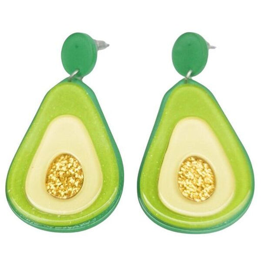 Avocado-shaped earrings with green outer shell and yellow interior 