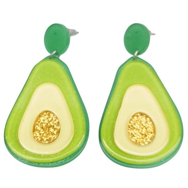 Avocado-shaped earrings with green outer shell and yellow interior 