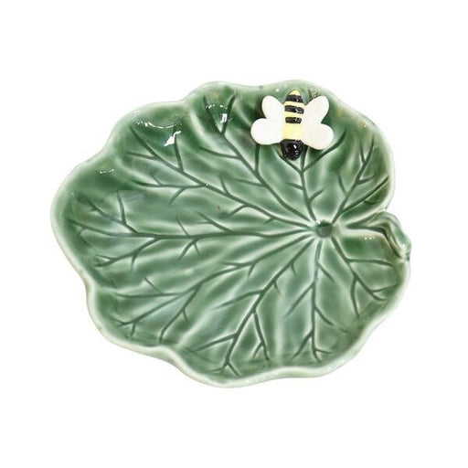 Green ceramic leaf-shaped dish with a bee design 
