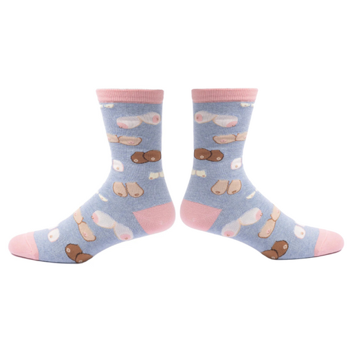 Pair of socks with boobies on a light blue background
