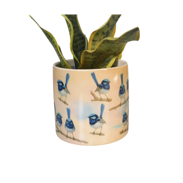 Blue Wren Planter Blue & Yellow 14cm