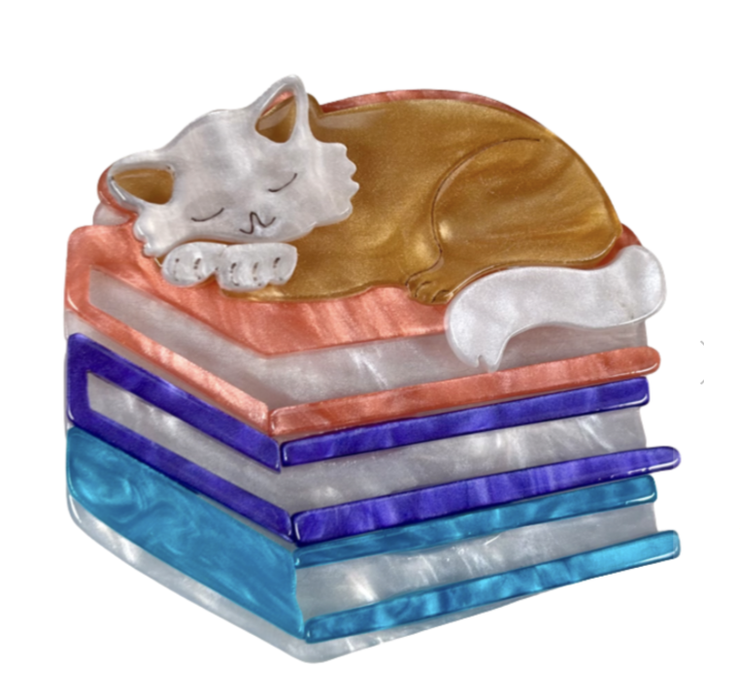 Iris Sleeping Cat Book Brooch