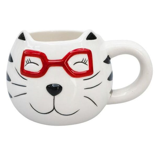 Cat-shaped mug with red glasses 
