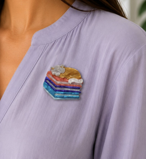 Iris Sleeping Cat Book Brooch