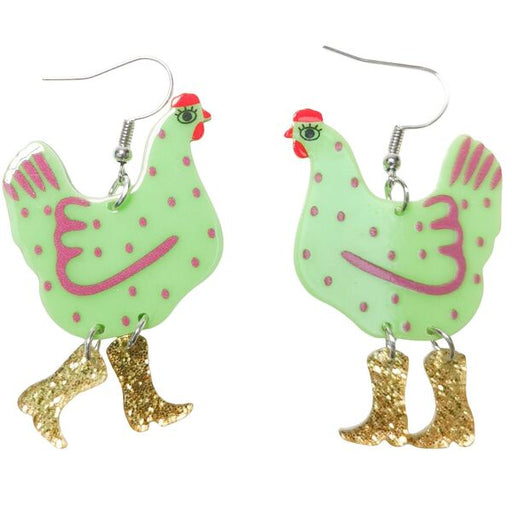 Chicken-shaped earrings with green bodies, pink accents, and gold boots 