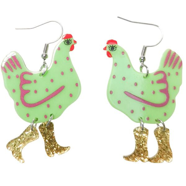 Chicken-shaped earrings with green bodies, pink accents, and gold boots 