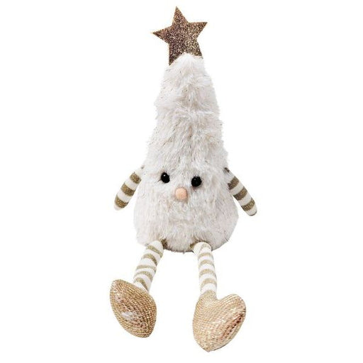 Plush decoration shaped like a Christmas tree with a star on top, white body, black eyes, and striped arms and legs.
