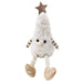 Plush decoration shaped like a Christmas tree with a star on top, white body, black eyes, and striped arms and legs.