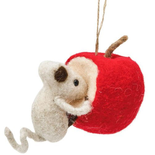 Felted mouse and apple ornament for christmas tree