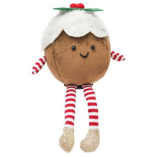 Plush decoration resembling a christmas pudding  with a white hat and red and white striped socks 