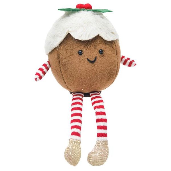 Plush decoration resembling a christmas pudding  with a white hat and red and white striped socks 