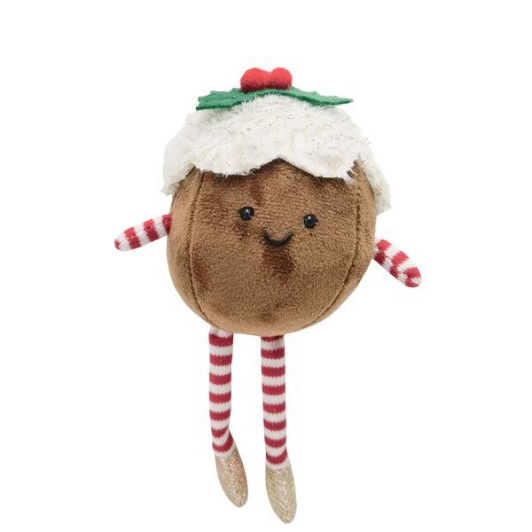 Plush decoration resembling a Christmas pudding with a smiling face, striped legs, and a festive hat for christmas