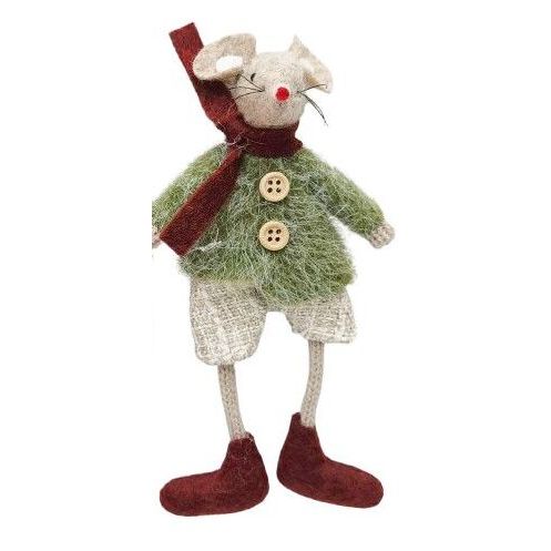 Textile mouse figure wearing a green sweater with buttons, red scarf, and boots christmas decoration for tree