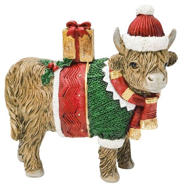Decorative figurine of a highland cow wearing a Christmas sweater, hat, and scarf 