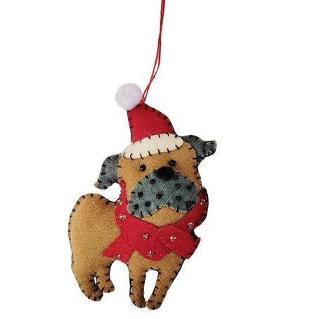 Dog-shaped Christmas ornament wearing a Santa hat and red scarf on 