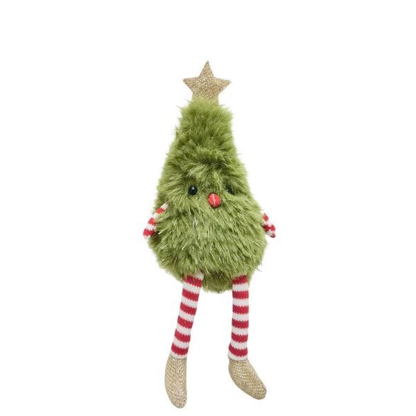 Plush Christmas tree toy with a star on top, red nose, and striped socks 