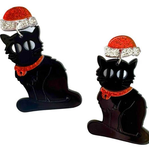 Black cat earrings with red christmas hats 