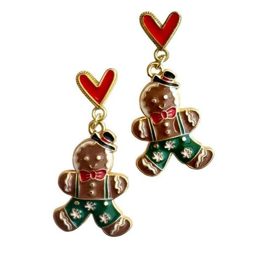 Gingerbread man earrings with red hearts christmas earrings