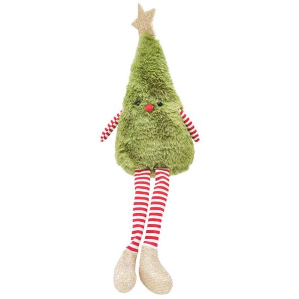 Green plush Christmas tree with red and white striped socks and a star christmas decoration