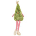 Green plush Christmas tree with red and white striped socks and a star christmas decoration