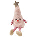 Plush christmas decoration resembling a Christmas tree with a star on top, red striped socks, and a red nose 