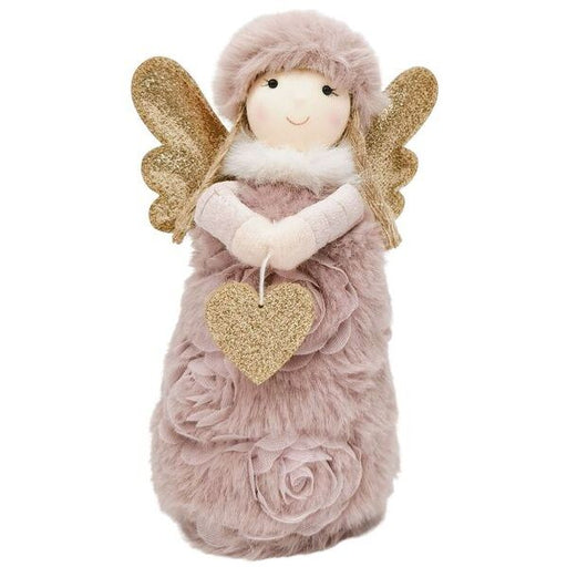 Plush angel toy with gold wings and a heart, wrapped in pink fabric christmas decoration