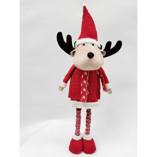 Plush reindeer toy wearing a red outfit and Santa hat standing decoration