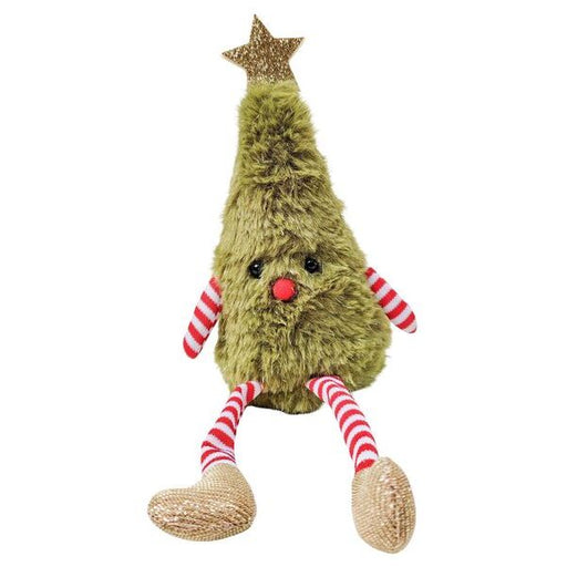 Plush Christmas tree toy with a star on top, red nose, and striped legs 