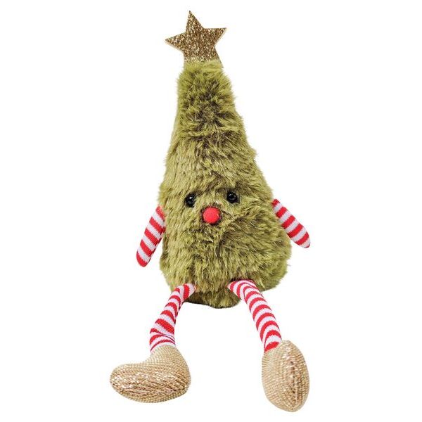 Plush Christmas tree toy with a star on top, red nose, and striped legs 