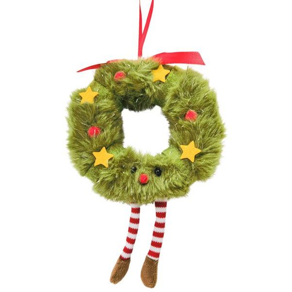 Green fuzzy wreath ornament with red berries, yellow stars, and striped legs tree decoration