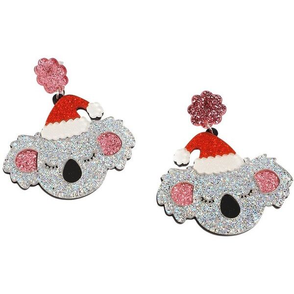 Pair of earrings with glittery koala faces and Santa hats australian animal souvenir