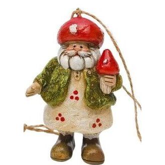 Decorative figure of a gnome with a red hat and green jacket, holding a red cone toadstool themed