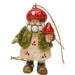 Decorative figure of a gnome with a red hat and green jacket, holding a red cone toadstool themed
