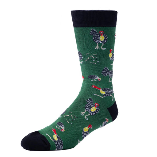Green sock with rooster pattern on a white background