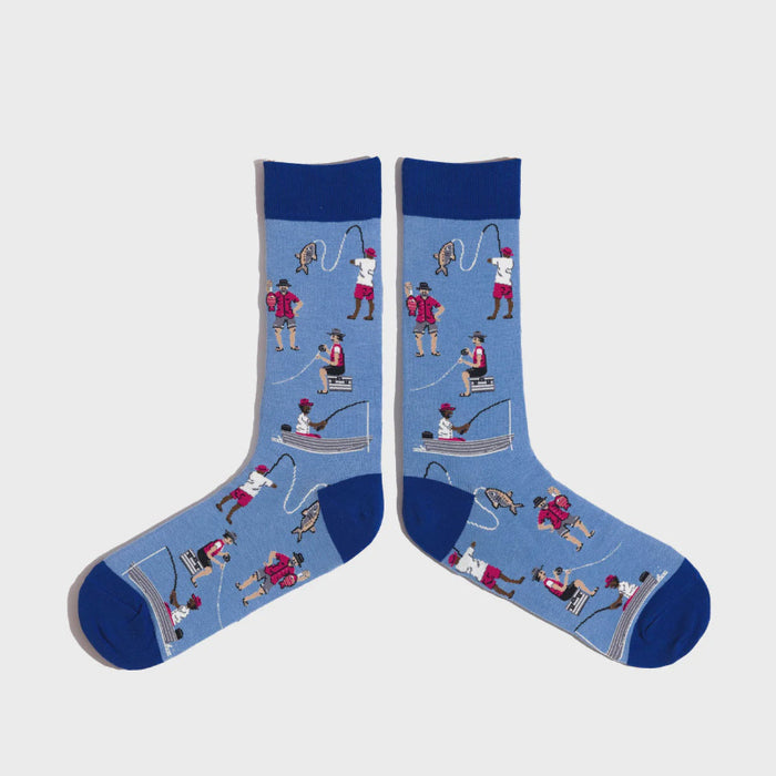 Blue socks with fishing-themed design 