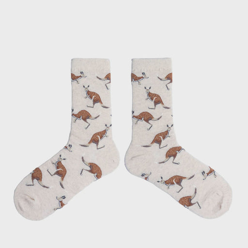 Pair of socks with kangaroo pattern on a white background