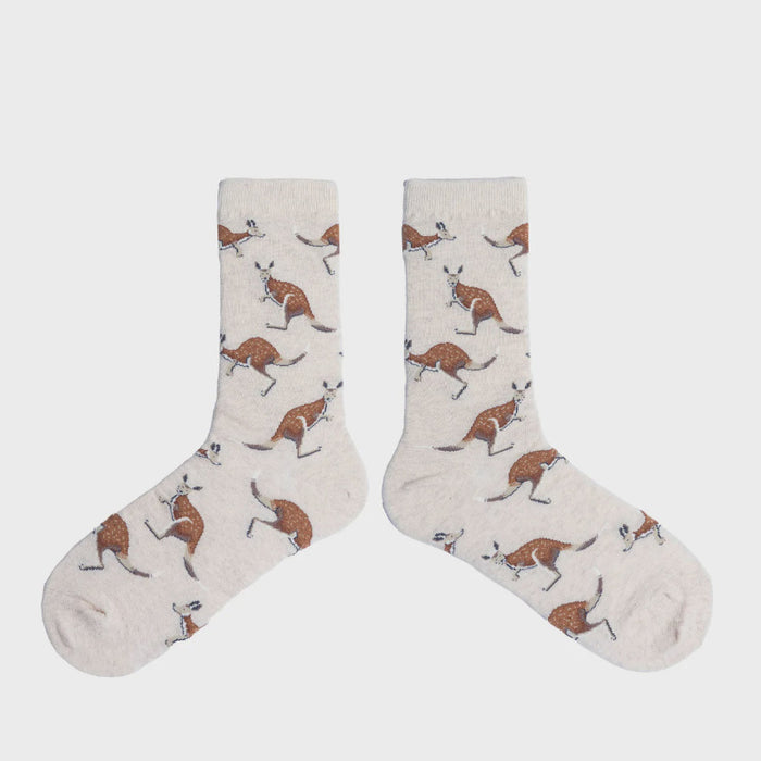 Pair of socks with kangaroo pattern on a white background